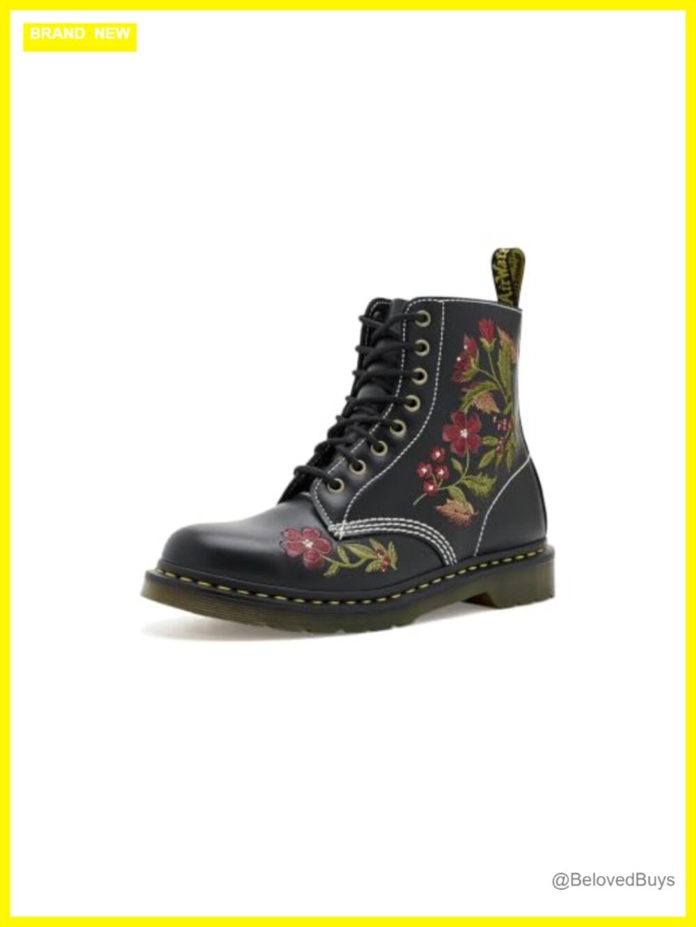 Floral Embroidered Leather Combat Boots 14-Eye Milled Gloss